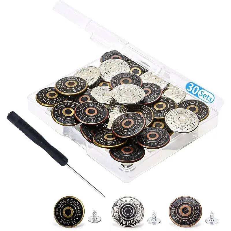 30 Sets Jeans Replacement Buttons 20mm Jean Buttons Replacement Kit with Rivets and Metal Base in Storage Box(Bronze,Silver,Copper)