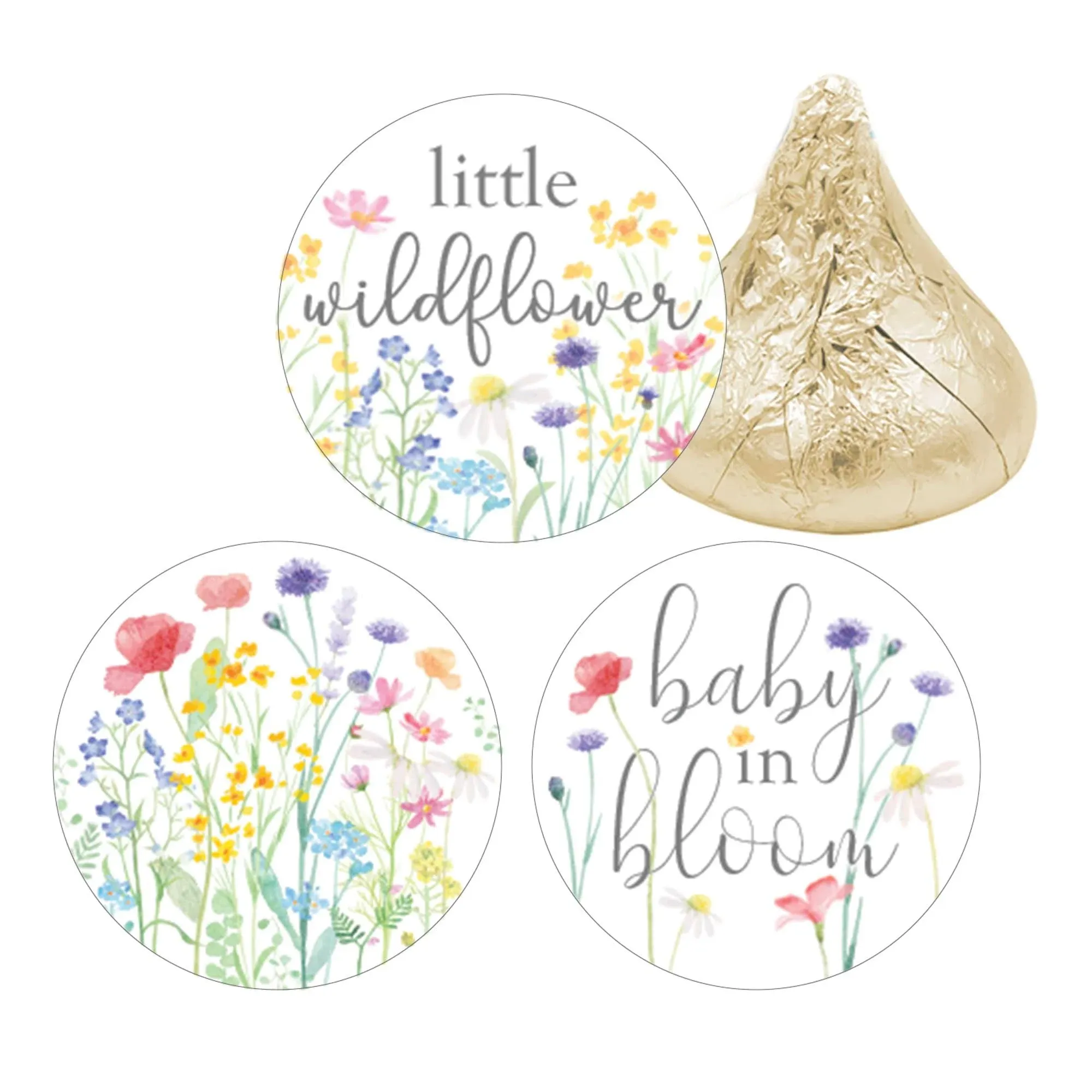 Distinctivs Colorful Little Wildflower Girl s Baby Shower Candy Kiss Stickers  180 Labels