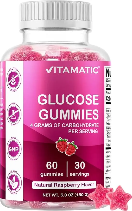 Vitamatic Glucose chewable Gummies - 60 Count - Natural Raspberry Flavor - 4G of Carbohydrate per Serving (1 Bottle)