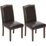 DUMOS Set of 2 Brown PU Leather Dining Chairs with Nailhead Trim & Wood Legs for Living Room