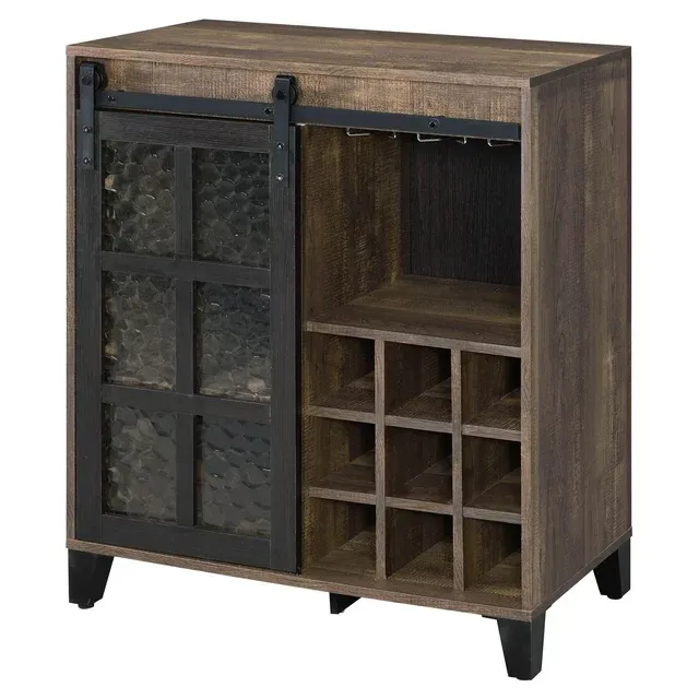 ACME Treju Obscure Glass, Rustic Oak &amp; Black Finish Treju Wine Cabinet Model 97836