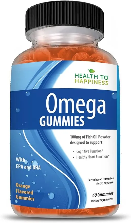 Health to Happiness Omega Gummies Fish Oil Tasty Natural Orange Flavor Extra Strength DHA & EPA - 60 Delicious Gummy Vitamins