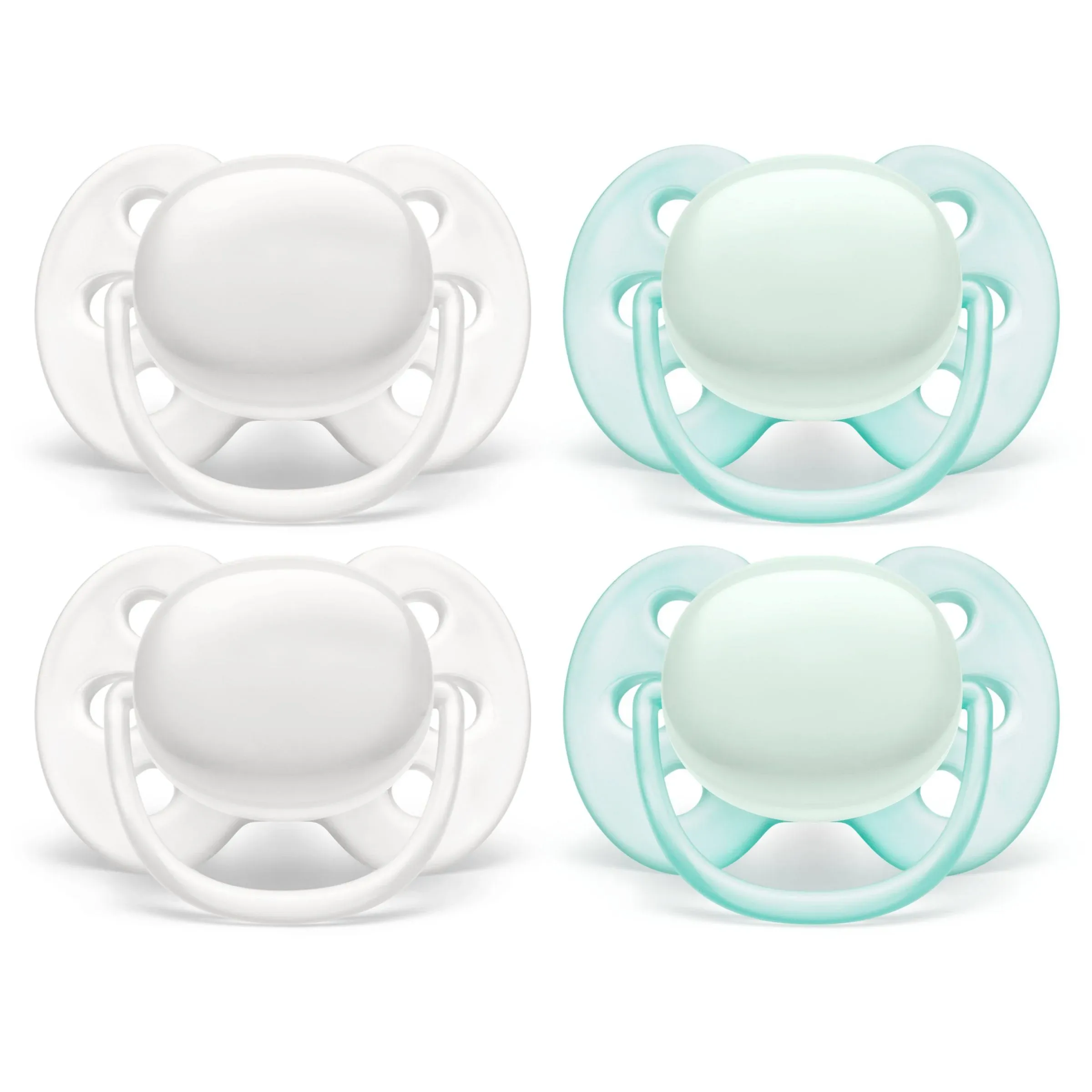 Philips Avent Ultra Soft Pacifier, 0-6 months, Arctic White / Green, 4 pack, SCF214/40