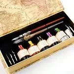 Calligraphy Pen Set, Handcrafted Glass Dip Pen and Wooden Dip Pen Gift Set with 5 Colors Calligraphy Ink 6 Nibs 1 Pen Holder