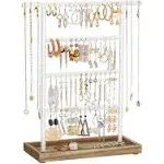 SONGMICS Jewelry Organizer, 4-Tier Earring Holder Organizer Stand with Base Tray, for Studs and Necklaces, Vintage, Christmas Gift, Wood Color and White UJJS019W01