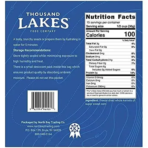 Thousand Lakes Freeze Dried Vegetables - Sweet Corn - Bulk 1 Pound (16 Ounces) | 100% Whole Sweet Corn Kernels | No Added Sugar or Salt