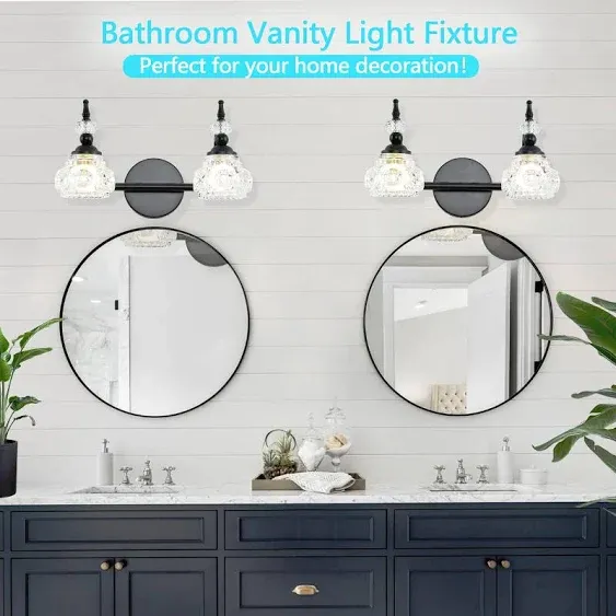 2 Light Black Bathroom Vanity Light, Bathroom Vanity Lights Over Mirror, with Fine Chunky Crystal Glass Light Shade for Bedroom Living Room Bathroom Hallway Patio