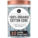 L. Tampons, 100% Organic Cotton Core, Super, Unscented - 30 tampons