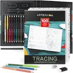 Arteza Kids Tracing Activity Book, School Supplies for Ages 6 and Up, 50 Double-Sided Sheets, 12 Double-Ended Colored Pencils, Black Marker, Eraser,