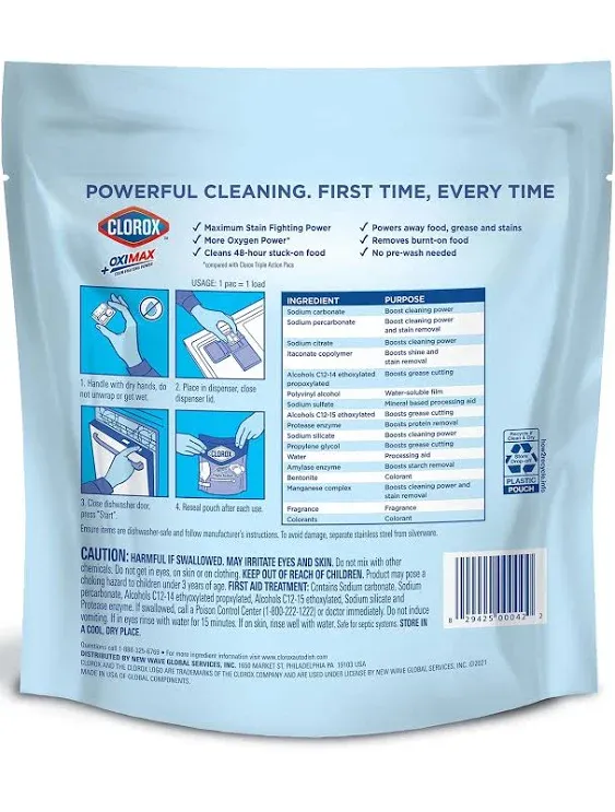 Clorox Triple Action +OxiMax Dishwasher Detergent Pacs, 15 Count Dishwashing Pacs, Lemon Scent