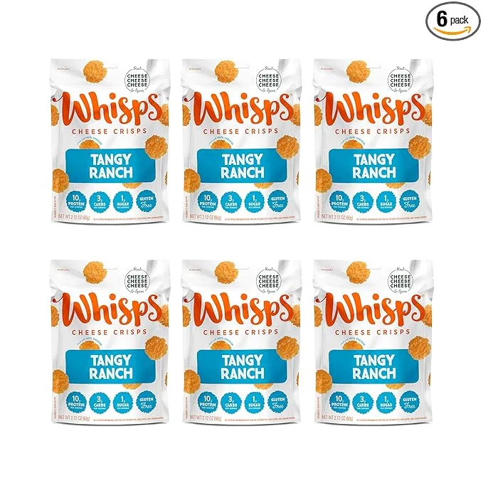 Whisps Cheese Crisps Tangy Ranch | Protein Chips | Healthy Snacks | Protein Snacks, Gluten Free, High Protein, Low Carb Keto Food (2.12 Oz, 6 Pack)