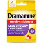 Dramamine Chewable Less Drowsy, Motion Sickness Relief, Raspberry Cream Flavor, 12 Count, 2 Pack