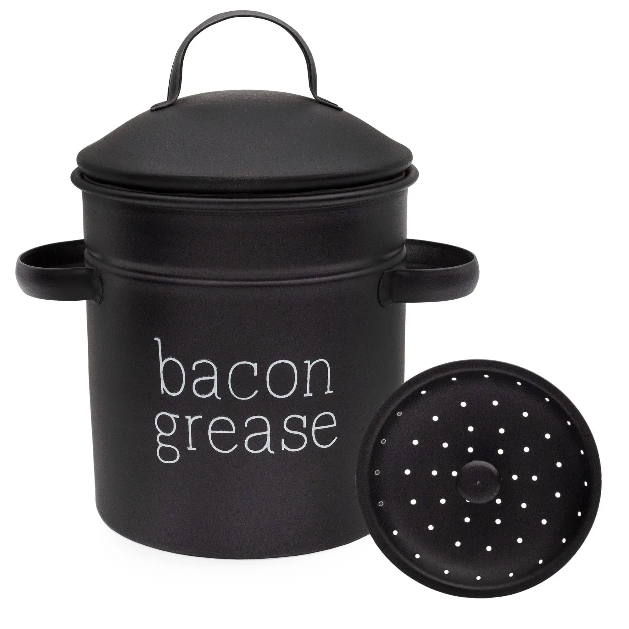 Black Enamal Farmhouse Bacon Grease Container, Vintage w/Strainer Keto-Friendly