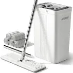 JOYMOOP Mop and Bucket with Wringer Set, Hands-Free Flat Microfiber Mop for Floor Cleaning, Wet Dry Wall Cleaner with Long Handle, White Bucket#2124