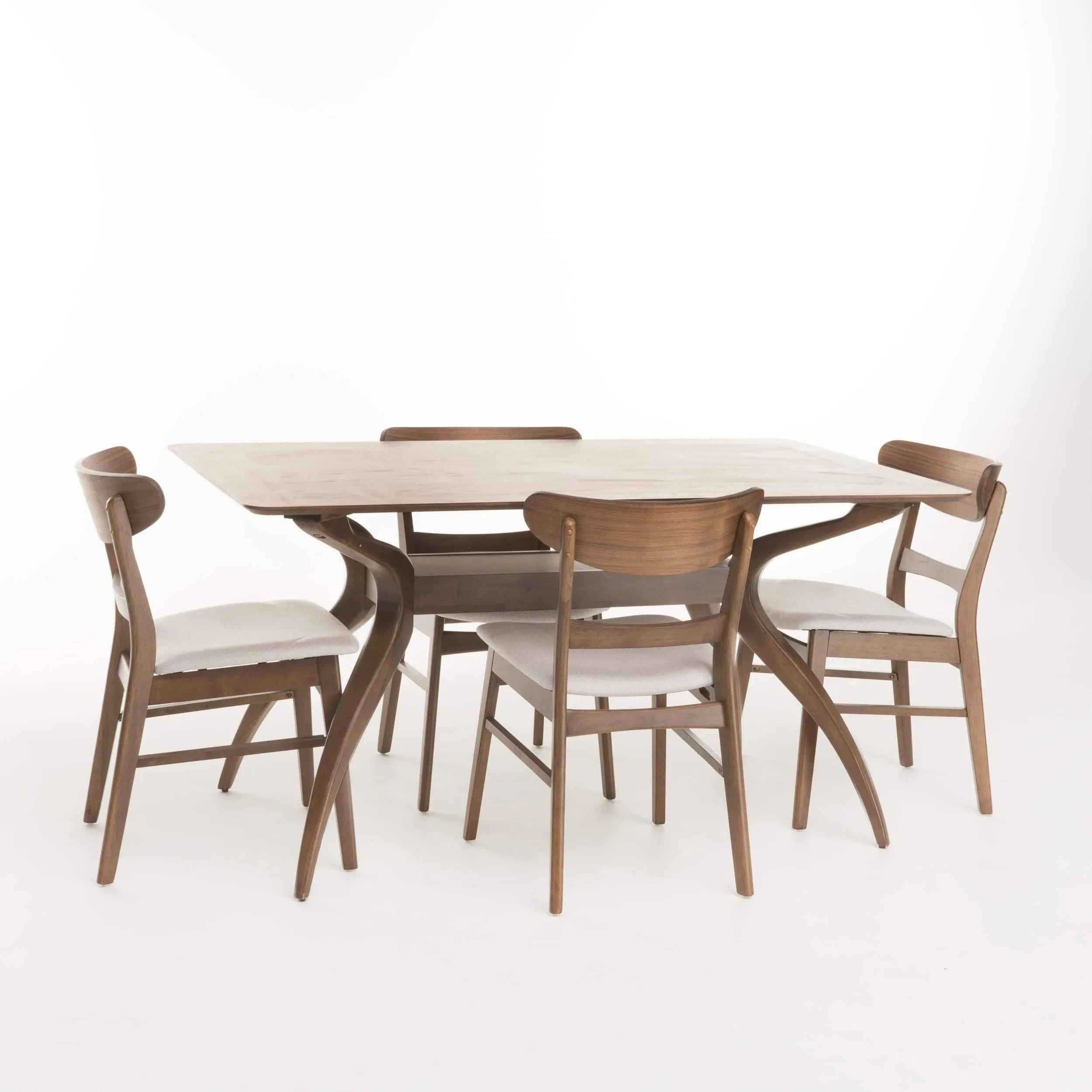 Kloss Curved Leg Rectangular 5-Piece Dining Set, Light Beige/ Natural Walnut Finish