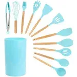 MegaChef Light Teal Silicone and Wood Cooking Utensils, Set of 12