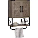 RUSTOWN Farmhouse Rustic Medicine Cabinet with Two Barn DoorWood Wall Mounted Storage Cabinet with Adjustable Shelf and Towel Bar 3-Tier Cabinet