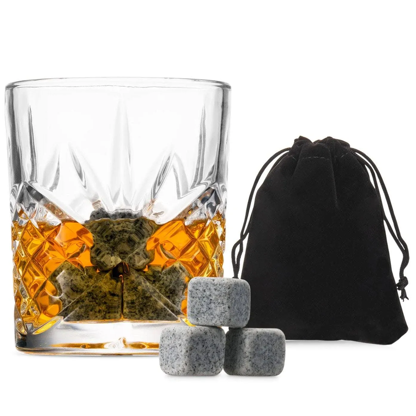 Godinger Whiskey Glass and Whiskey Stones, Gift Set Includes Old Fashioned Whiskey Glasses, 6 Whiskey Rocks Chilling Stones and Storage Pouch, Gifts for Men