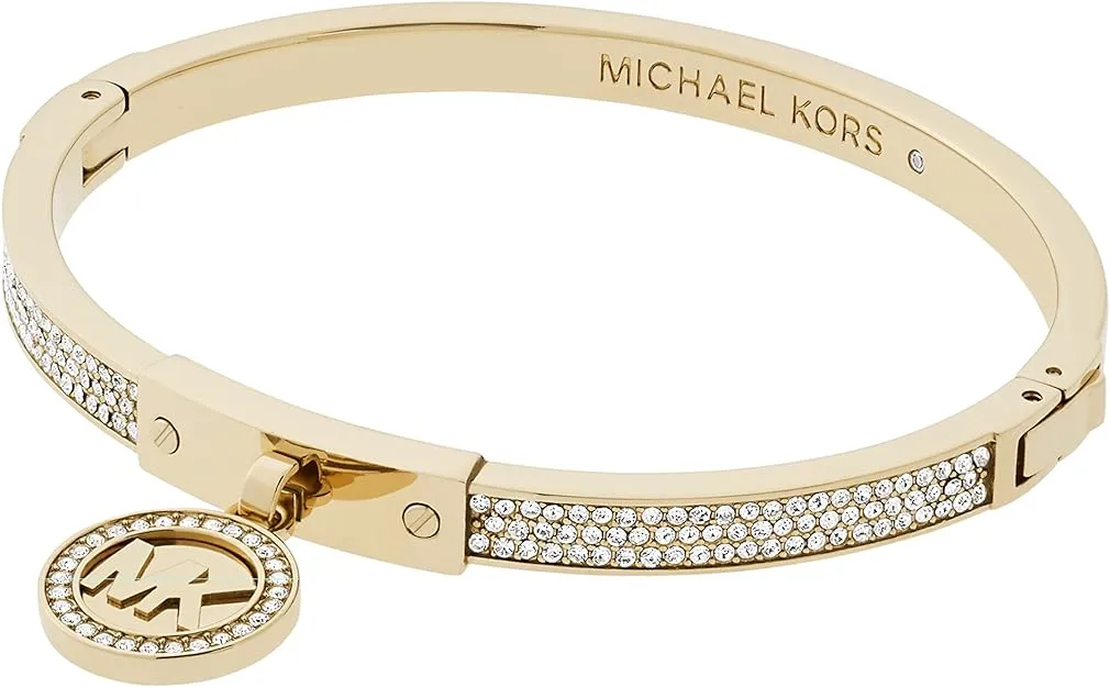 Michael Kors Stainless Steel and Pavé Crystal MK Logo Bangle Bracelet for Women, Color: Gold (Model: MKJ5976710)