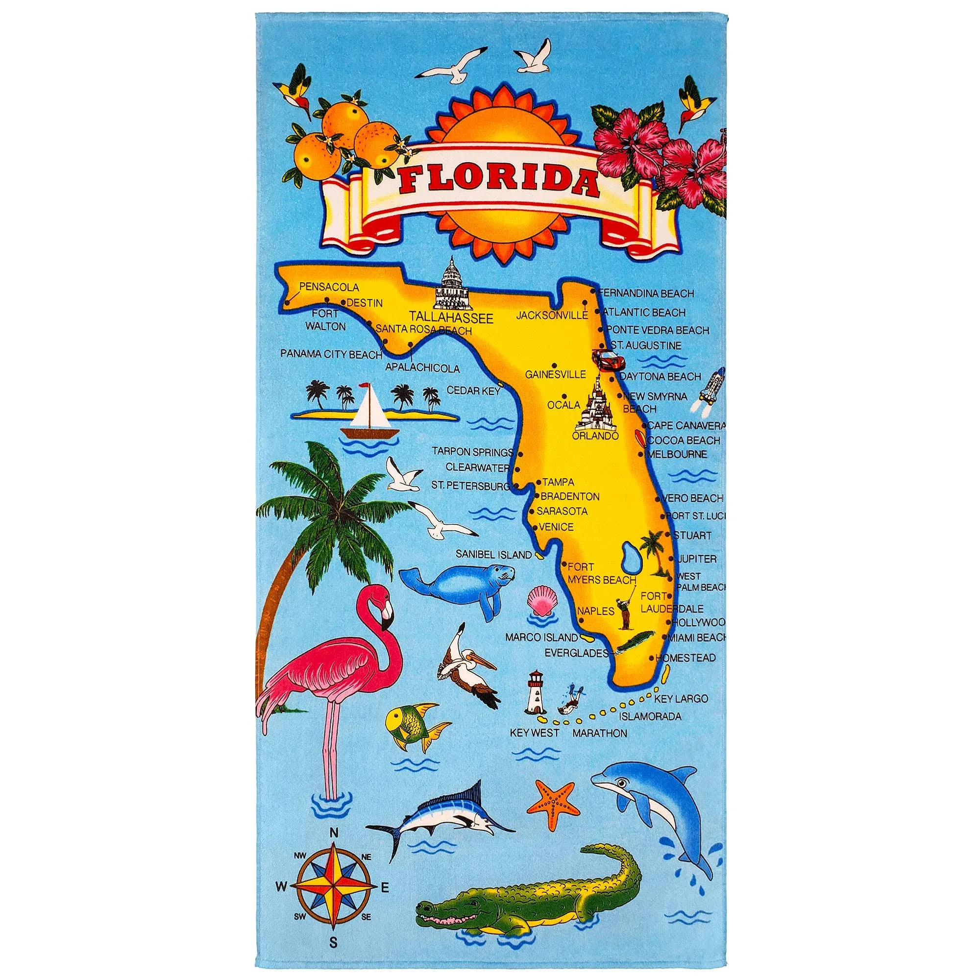 Beachland Florida Map Beach Towel 30 x 60 inch 100% Cotton, Blue