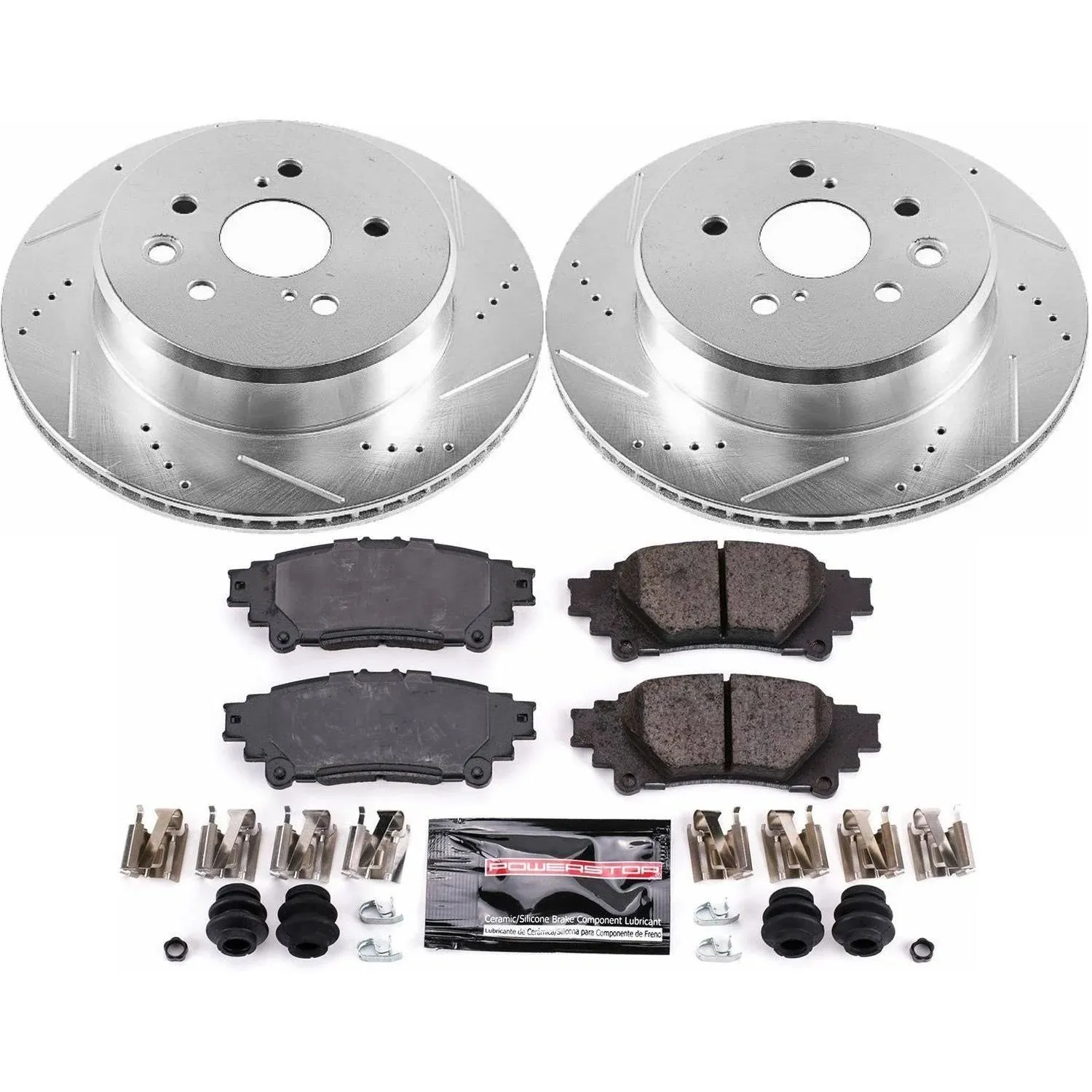 Power Stop K6514 Rear Z23 Carbon Fiber Brake Pads with Drilled & Slotted Brake Rotors Kit For GS200t, GS300, GS350, GS450h, IS200t, IS300, IS350, RC200t, RC300, RC350 [Model Specific]