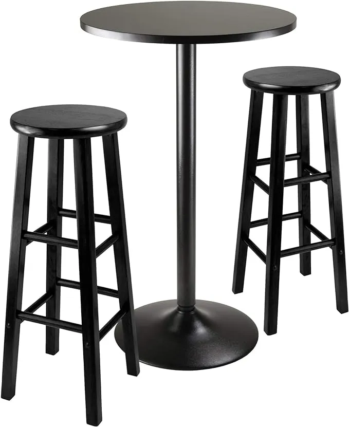 3pc Round Black Pub Table with two 29&quot; Wood Stool Square Legs