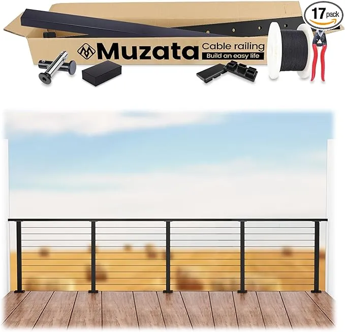 Muzata 3'-6'6" Complete Set Cable Railing System 36" Brushed Stainless Steel Cable Railing Post with Cable Rail Handrail Super Easy Length Adjustable Deck Railing for Level Section RCS2 LH4S