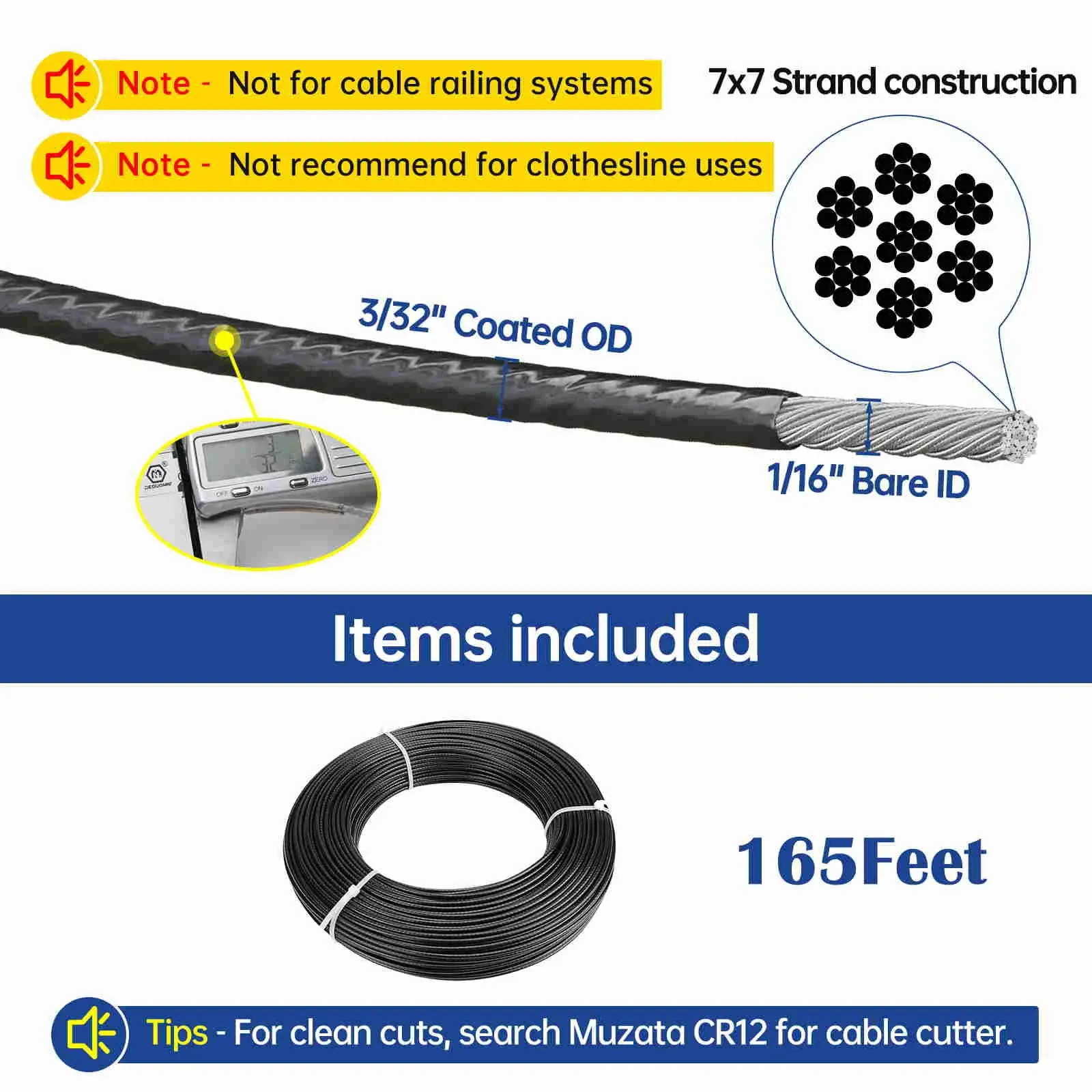 Muzata 1/16 inch Thru 3/32 inch Black Vinyl Coated Cable 165ft