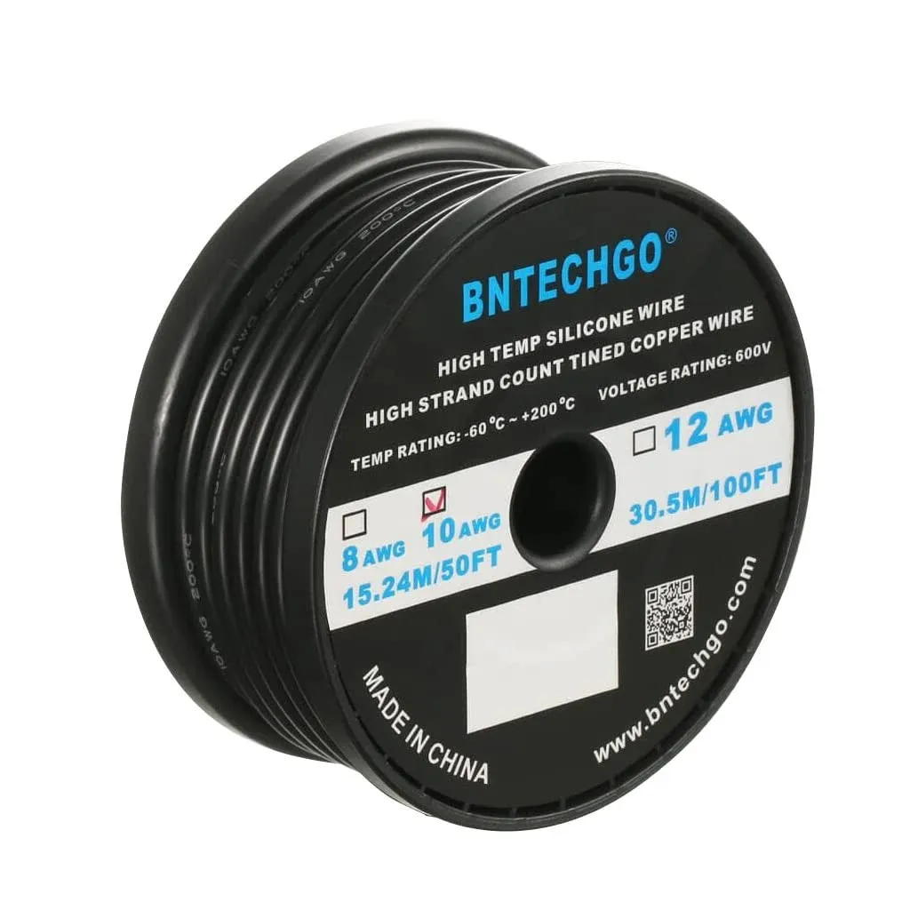 BNTECHGO 10 Gauge Silicone Wire Spool 50 ft Black Flexible 10 AWG Stranded Tinned Copper Wire