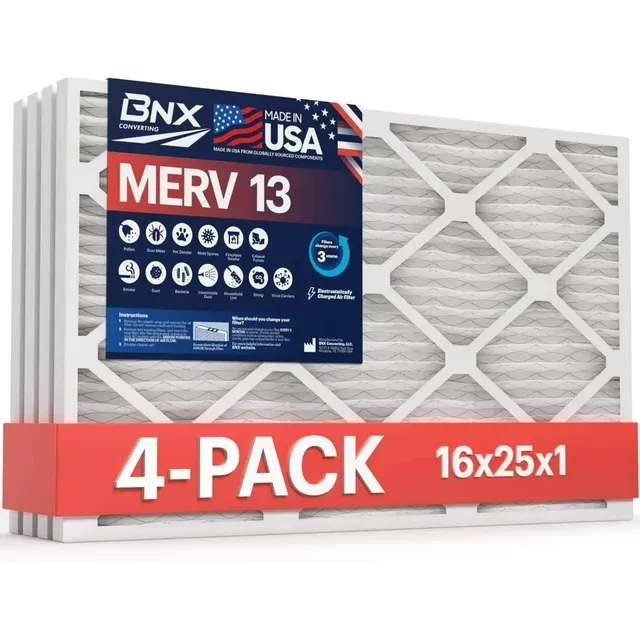 BNX TruFilter 16x25x1 Air Filter MERV 13 (4-Pack) - Made in USA - Electrostatic Pleated Air Conditioner HVAC AC Furnace Filters