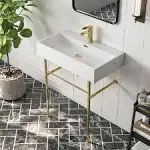 DeerValley 30"x17" Rectangular Console Bathroom Sink,Free Standing 30 Inch Stainless Steel Support Pedestal Legs,Wall Mount Lavatory Sink with Overflow DV-1CS0118G,Gold