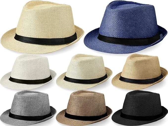 8 Pack Panama Trilby Fedora Straw Sun Hat with Leather Belt Straw Fedora Hats Sh