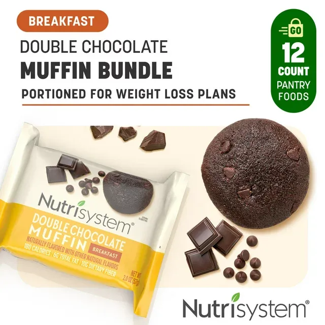 Nutrisystem Double Chocolate Chip Breakfast Muffins, 7g Protein, 12 Pack (Regular Shelf-Stable)