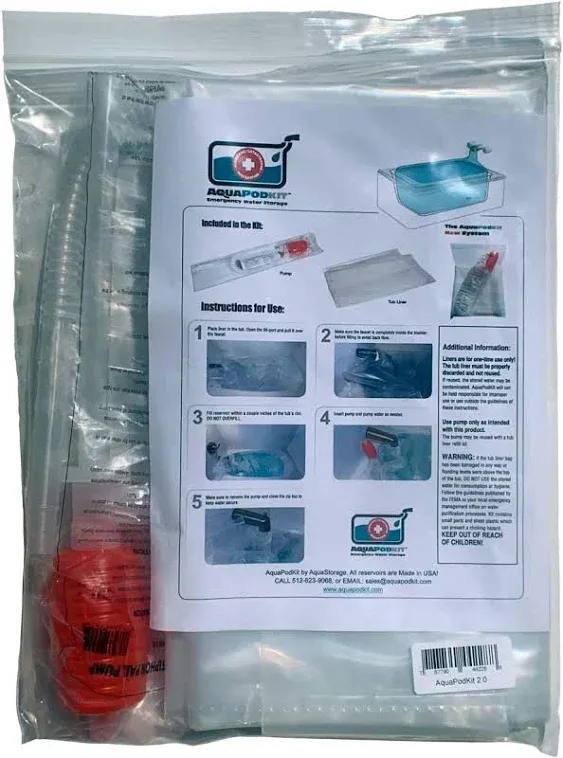 AquaPod Kit 2.0 - Made in USA! Bathtub Bladder and BPA free - Water Storage Bladder, Hurricane Survival (65 gallons of water – larger tubs can hold up to 100 gallons of water) Trust your water!