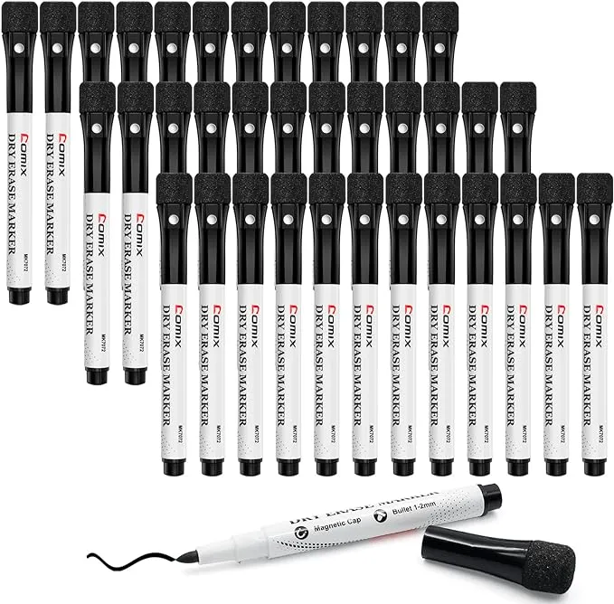 Comix Magnetic Dry Erase Markers, Fine Tip Black Whiteboard Markers with Eraser Cap, Low Odor Black Markers for Kids Teachers