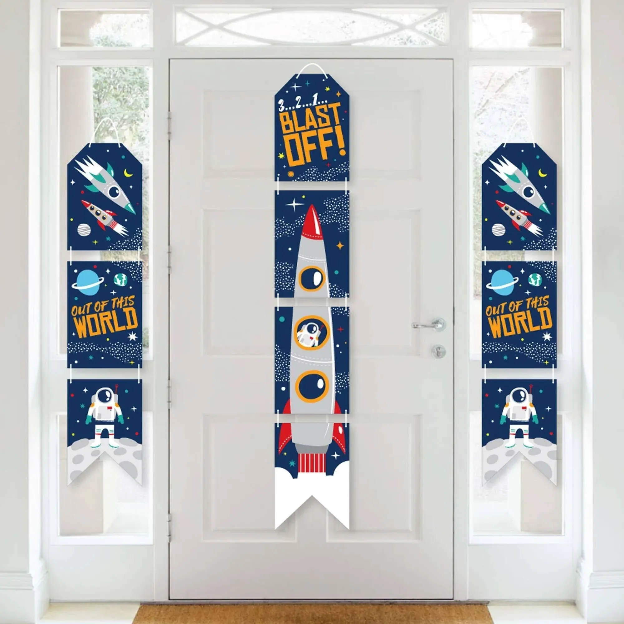 Blast Off to Outer Space - Hanging Vertical Paper Door Banners - Rocket Ship Baby Shower or Birthday Wall Decoration Kit - Indoor Door Decor