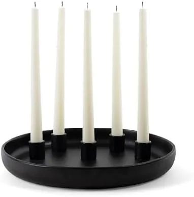 Black Candlestick Holders - Large Ceramic Black Taper Candle Holder w/ 12” Round Base & 5 Holders – Advent Wreath Candle Holder, Adornos de Navidad en Oferta, Christmas & Halloween Candle Holders