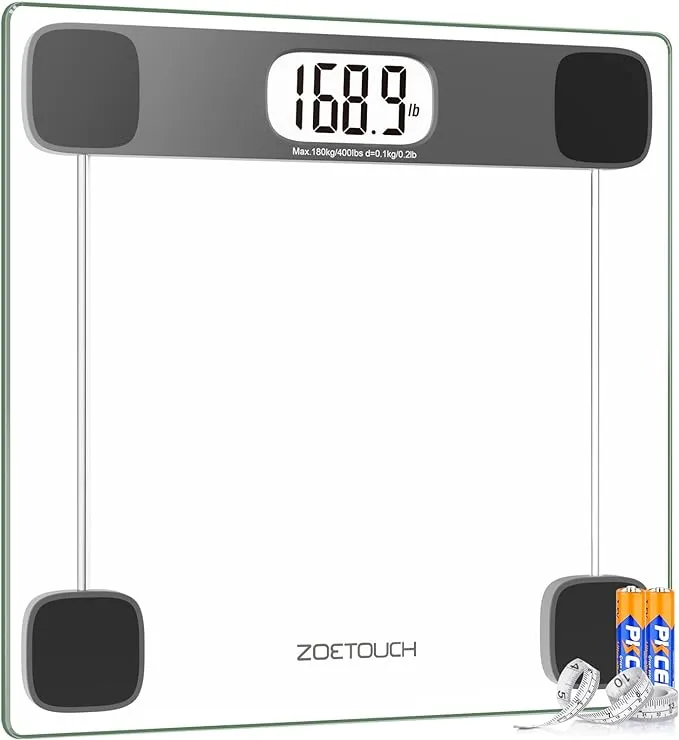 Scale for Body Weight Digital Bathroom Scale Accurate Weighing Machine for People, High Precision Bath Scale, Step On, Tempered Glass LCD Display Batteries and Tape Measure Included, 400lbs