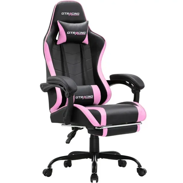 GTRACING GTWD-200 Gaming Chair with Footrest, Height Adjustable Office Swivel Reclining, Pink