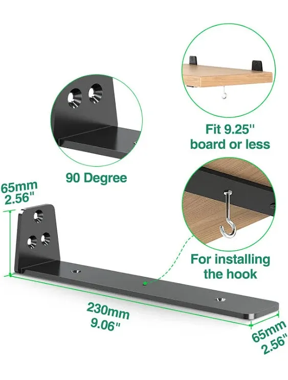 Floating Shelf Bracket, Heavy Duty Industrial Shelf Bracket 6 Pack, 8 Inch Black Metal L Brackets for Shelves, Wall Hanging Bracket with 6 Removable Hooks …