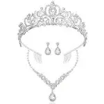 COCIDE Silver Jewelry Set for Women Crystal Tiara and Necklace Kit for Girls Rhinestone Crown Earrings Neck Accessories for Bride Wedding Birthday Party Bridal Prom Bridesmaid Dress up