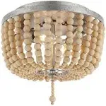 JONATHAN Y Allison 10 in. 2-Light Shabby Chic Farmhouse Wood Beaded/Metal LED Flush Mount, Antique Silver/Cream JYL9074C