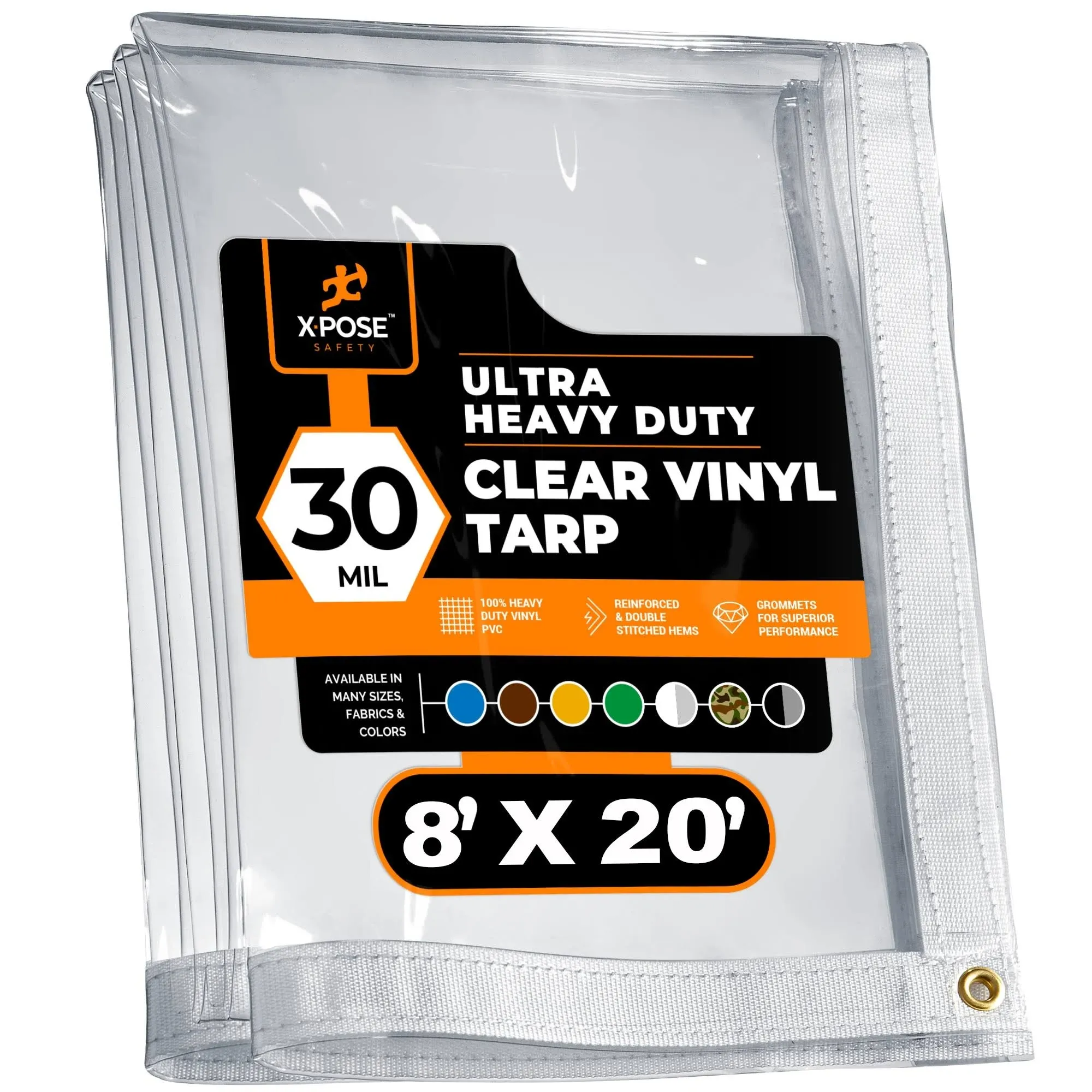 8' x 20' Clear Vinyl Tarp - 30 Mil Super Heavy Duty Transparent Waterproof PVC Tarpaulin with Brass Grommets - for Patio Enclosure, Temporary Wall, Camping, Tent Cover, Canopy - by Xpose Safety