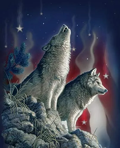 David Textiles Howling Wolf Song of The Night Wolves Under Flag Stars Digital Printed 36x44 Cotton Fabric Sold by Panel