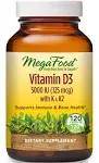 MegaFood Vitamin D3 5000 IU (125 mcg) - Immune Support Supplement - Bone Health - with Vitamin D3, Vitamin K, and Vitamin K2 - Vegetarian, Gluten-Free - Made Without 9 Food Allergens - 120 Caps 