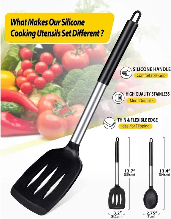 Bundlepro 4 Pack Silicone Home Kitchen Cooking Utensils Set, Solid Slotted Spatulas Spoons, Black, Size: Spatula:13.7(H) x 3.2(W) Inches Both Solid or