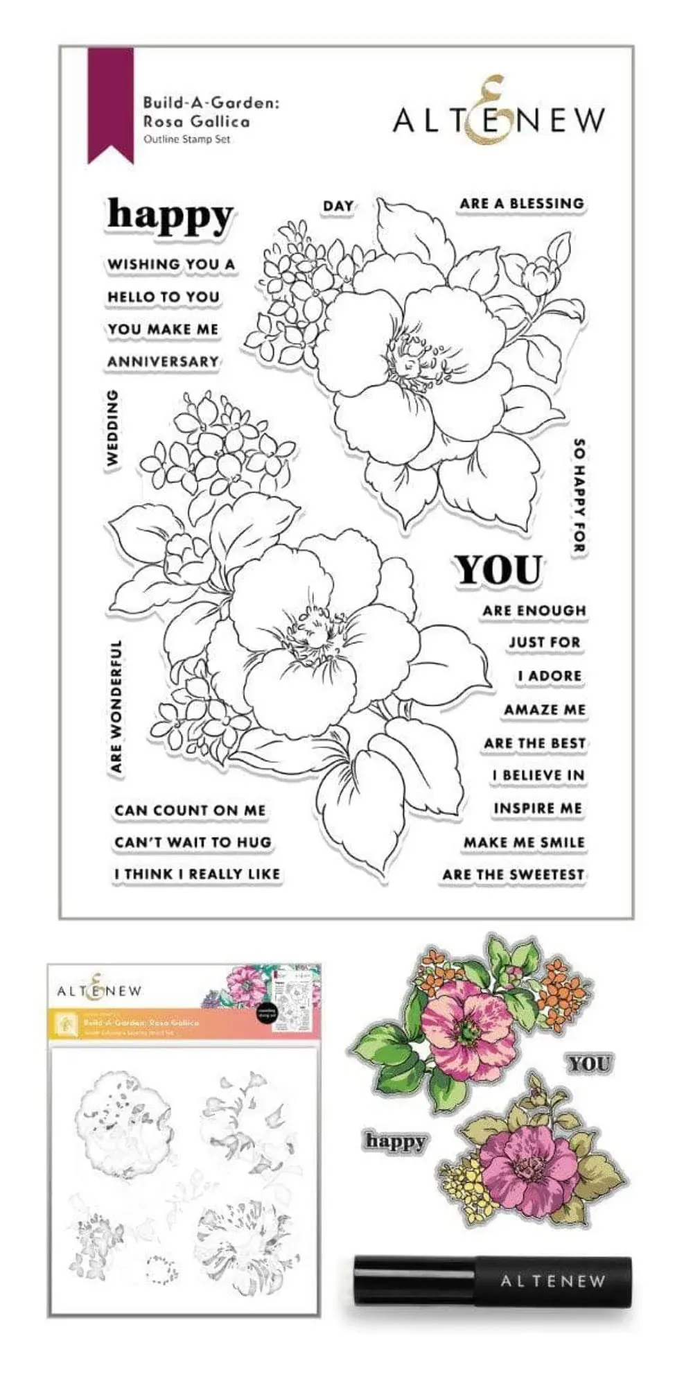 Altenew Build-A-Garden: Rosa Gallica & Add-On Die Bundle, Floral Layering Stamps (6" x 8"), Kindness Sentiments for Card Making, Scrapbooking, and Paper Crafting Projects