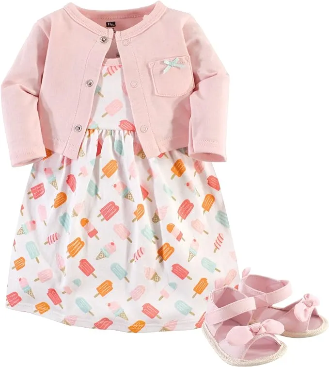 Hudson Baby Cotton Dress, Cardigan and Shoe Set