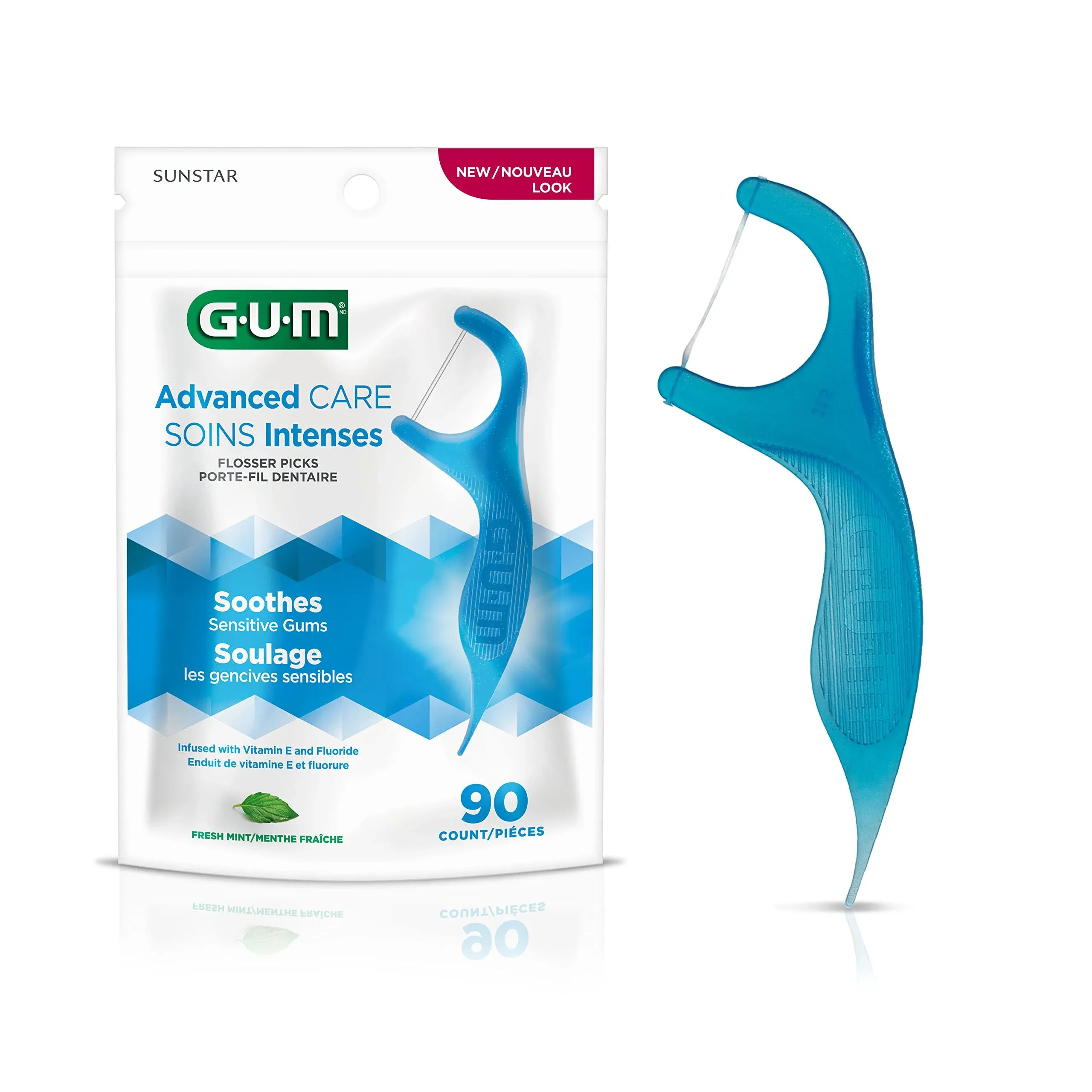 GUM Advanced Care Floss Picks - Dental Flossers for Adults with Vitamin E and Fluoride - Extra Strong Shred-Resistant Dental Floss, Easy Grip Handle, Fresh Mint Flavor, 90 ct