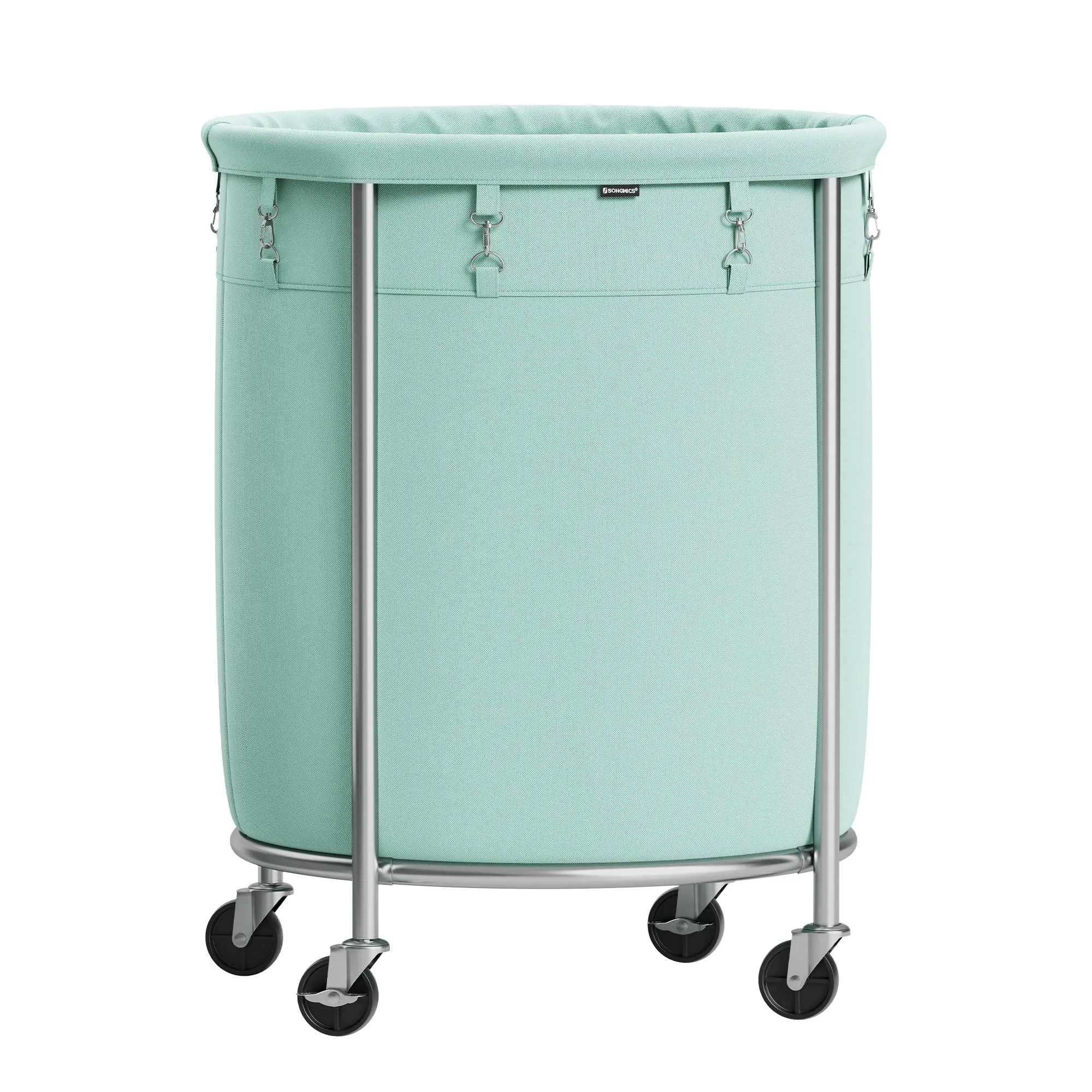 SONGMICS Laundry Basket with Wheels, Rolling Laundry Hamper, 45 Gal., Round Laundry Cart with Steel Frame and Removable Bag, 4 Casters and 2 Brakes, Mint Green and Metallic Silver URLS001C01